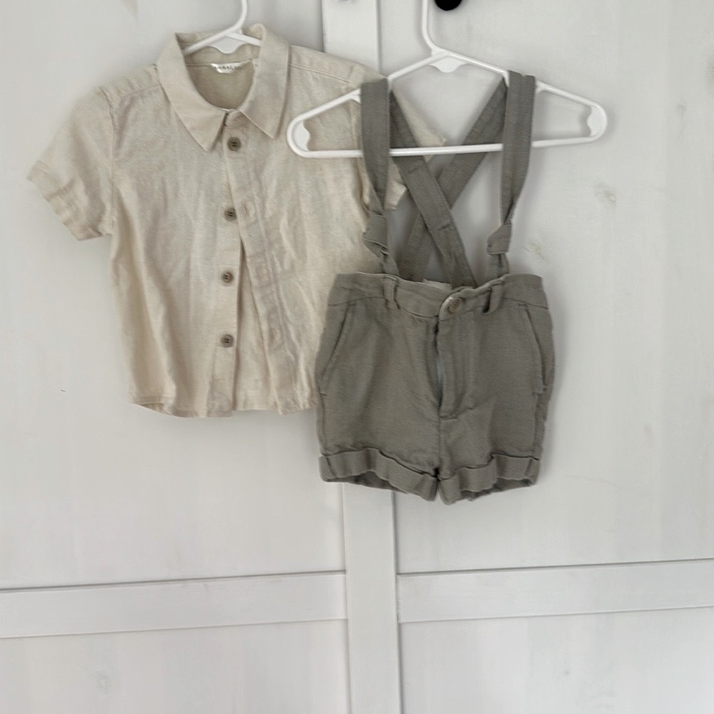 NORALEE Linen shirt and suspender shorts set
